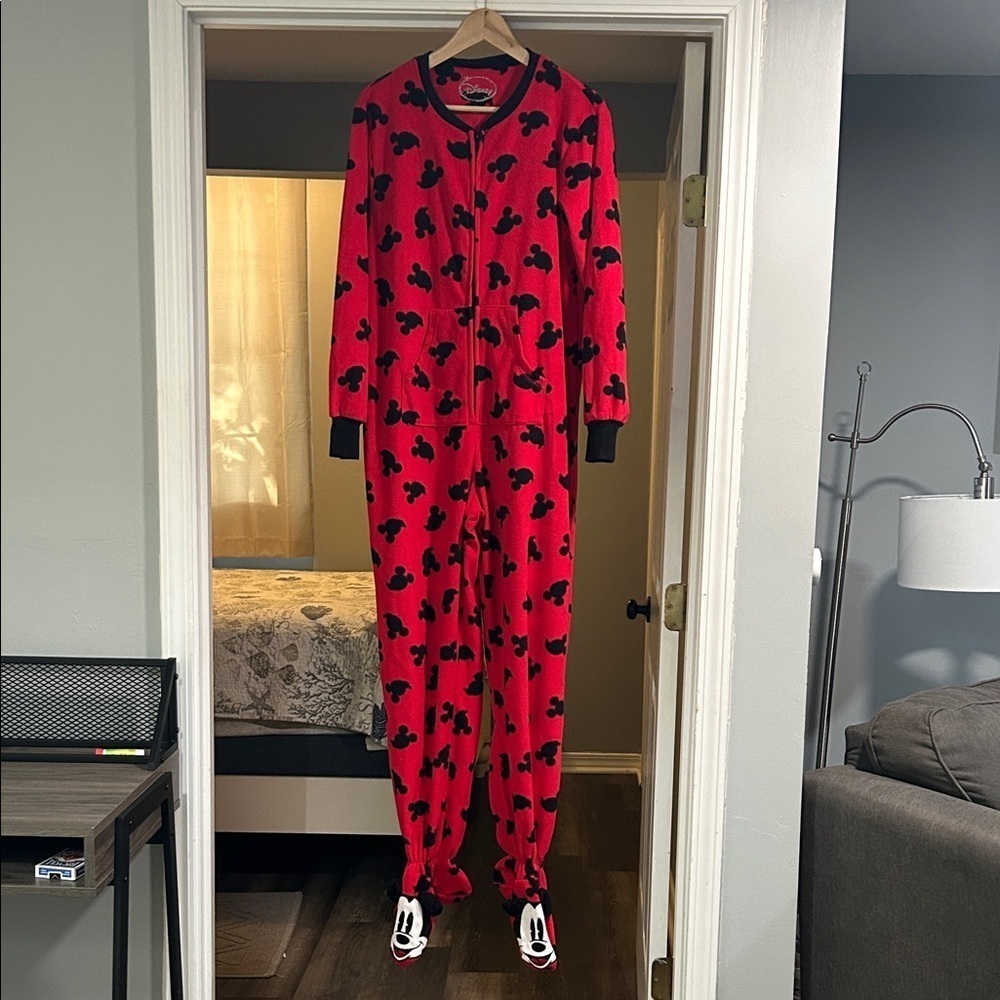 Disney Mickey Mouse Size S Footie One Piece Jumpsuit Fleece Pajamas Black Red